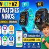 imagen de los relojes GPS con llamadas para niños Robin K1 y K2, mostrando sus principales características; en la esquina inferior derecha aparecen un niño y una niña llevando puestos ambos relojes con cara de ilusión